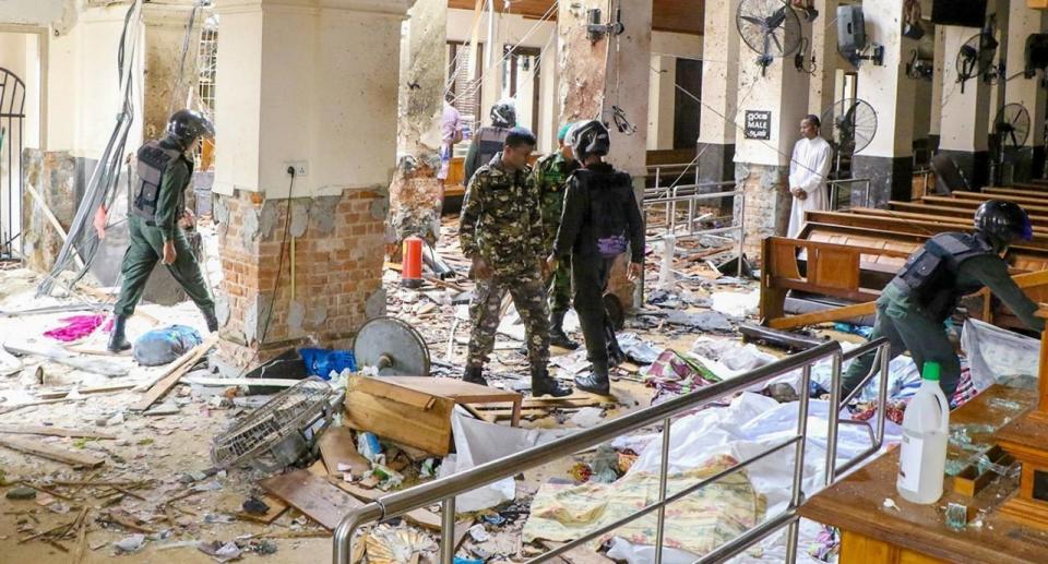 Security forces inspect St Anthony's Shrine after an explosion hit the church in Kochchikade, Colombo, Sri Lanka, during Easter Sunday service. Source: Chamila Karunarathne/Getty