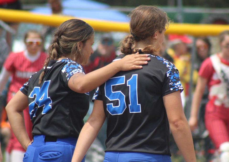 Inland Lakes' Ryann Clancy (left) and Natalie Wandrie (51) recently earned nods on the Michigan High School Softball Coaches Association Division 4 all-state team.