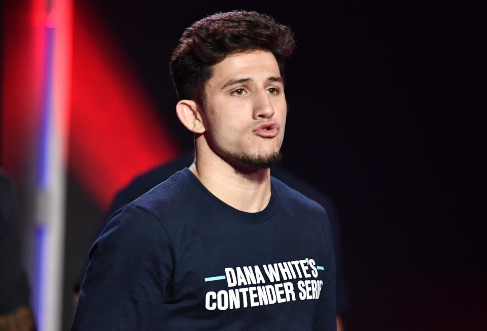 LAS VEGAS, NEVADA – OCTOBER 12: Mitch Raposo prepares to fight Jake Hadley in a flyweight fight during Dana White’s Contender Series season five, week seven at UFC APEX on October 12, 2021 in Las Vegas, Nevada. (Photo by Chris Unger/Zuffa LLC)