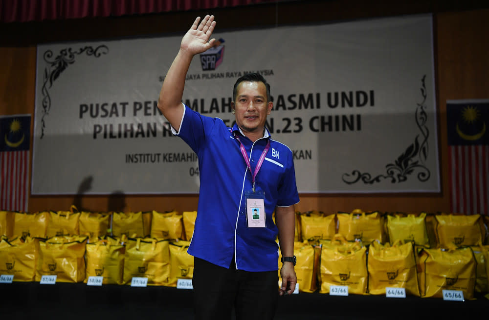 Barisan Nasional candidate Mohd Sharim Md Zain celebrates his victory for winning the Chini seat by-election at the official polling centre at the Institut Kemahiran Belia Negara, Pekan July 4, 2020. — Bernama pic