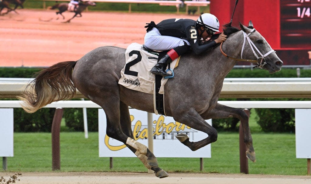 Seize the Grey and jockey Jaime Torres win a maiden race on July 29, 2023, at Saratoga.