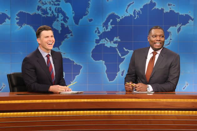 Colin Jost (left) and Michael Che got to roast President Joe Biden and Donald Trump during the first 