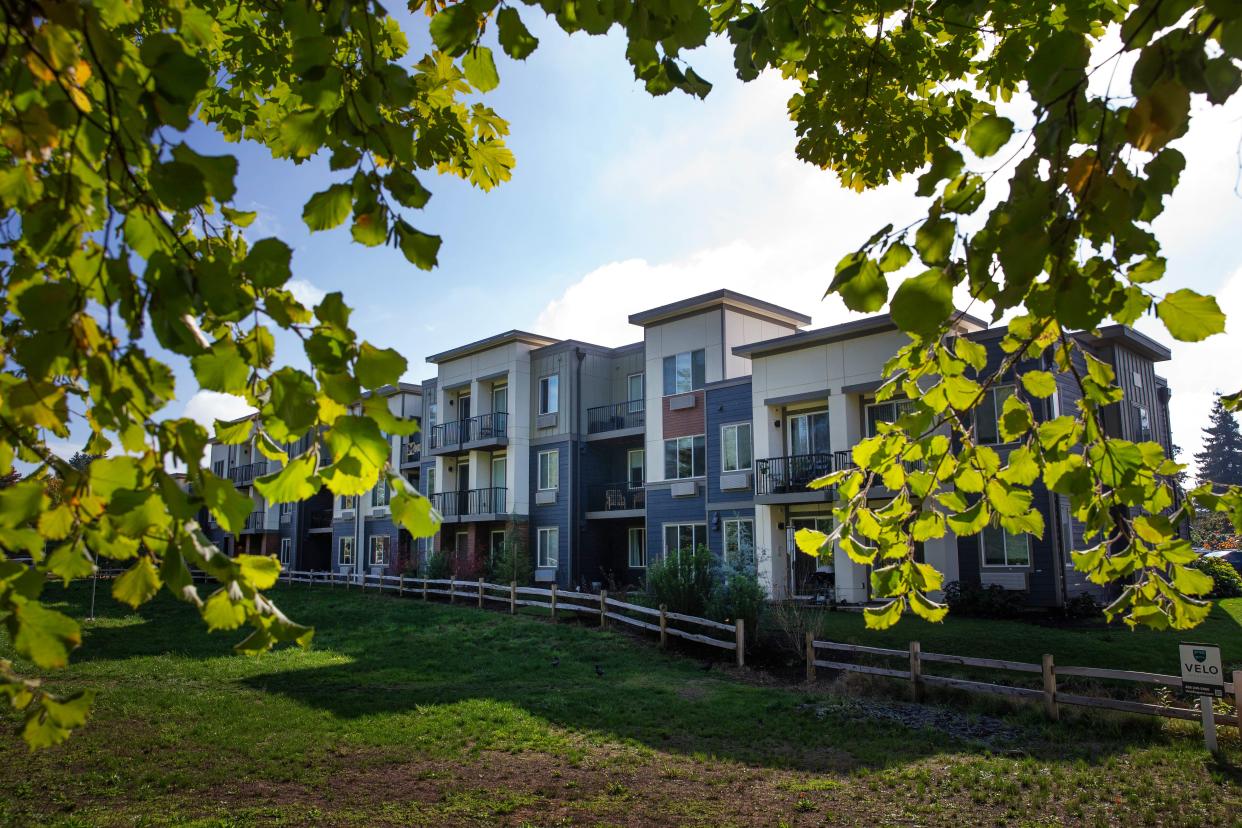 The Lombard Apartments near Maurie Jacobs Park in Eugene was the site of a protest in 2020 over the removal of trees on 3.5 acres that failed to stop the development.
