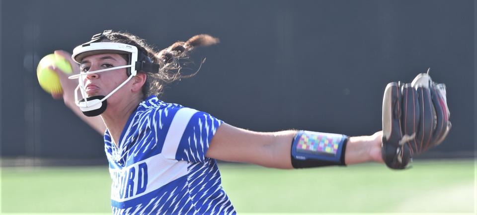 Stamford senior Citlaly Gutierrez prepares to throw a pitch to a Haskell batter in the third inning of Game 1.