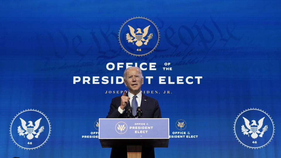 President-elect Joe Biden speaks during an event at The Queen theater in Wilmington, Del., Thursday, Jan. 7, 2021, to announce key nominees for the Justice Department. (AP Photo/Susan Walsh)