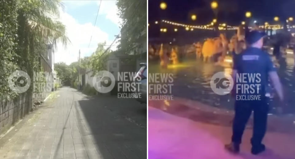 The road where Charlie Bradley was found unresponsive and his final social media clip of the beach club in Bali.