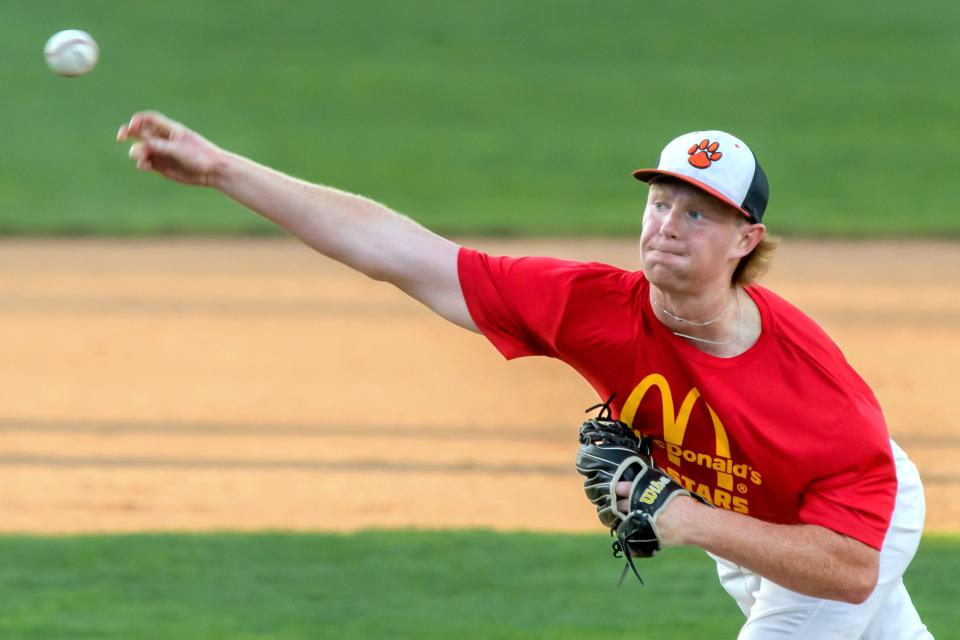 Illini Bluffs's Josh Vaughn of the South Team pitches during the Small Schools game of the annual McDonald's All Star Games on Tuesday, June 18, 2024 at Dozer Park in Peoria.