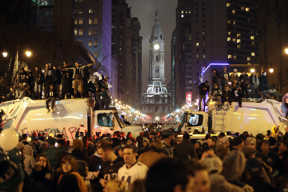 <p>Philadelphia Eagles fans celebrate the team’s victory in NFL Super Bowl 52 between the Philadelphia Eagles and the New England Patriots, Monday, Feb. 5, 2018, in downtown Philadelphia. (AP Photo/Matt Rourke) </p>