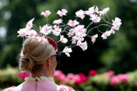 <p>A female racegoer’s floral fascinator during day two of Royal Ascot at Ascot Racecourse on June 21, 2017. (Jonathan Brady/PA Images via Getty Images) </p>