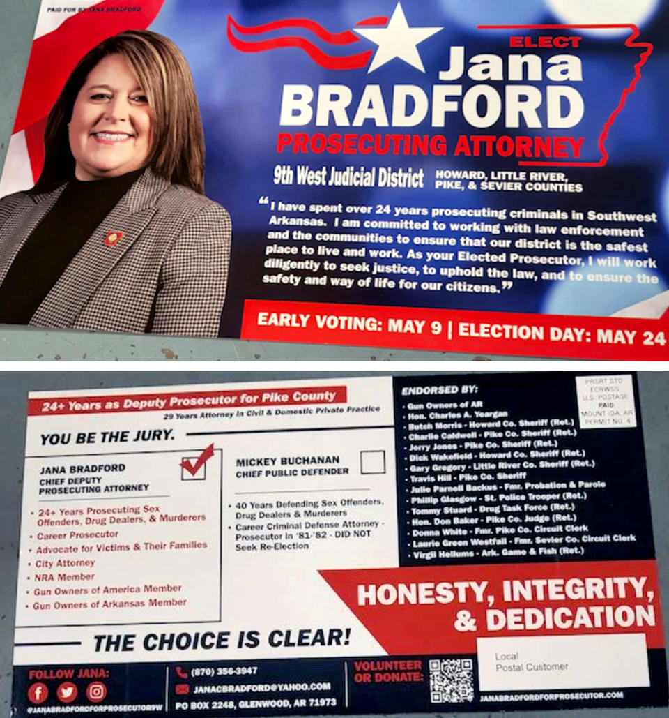 Image: Campaign fliers sent by Jana Bradford while running for re-election. (Obtained by NBC News)