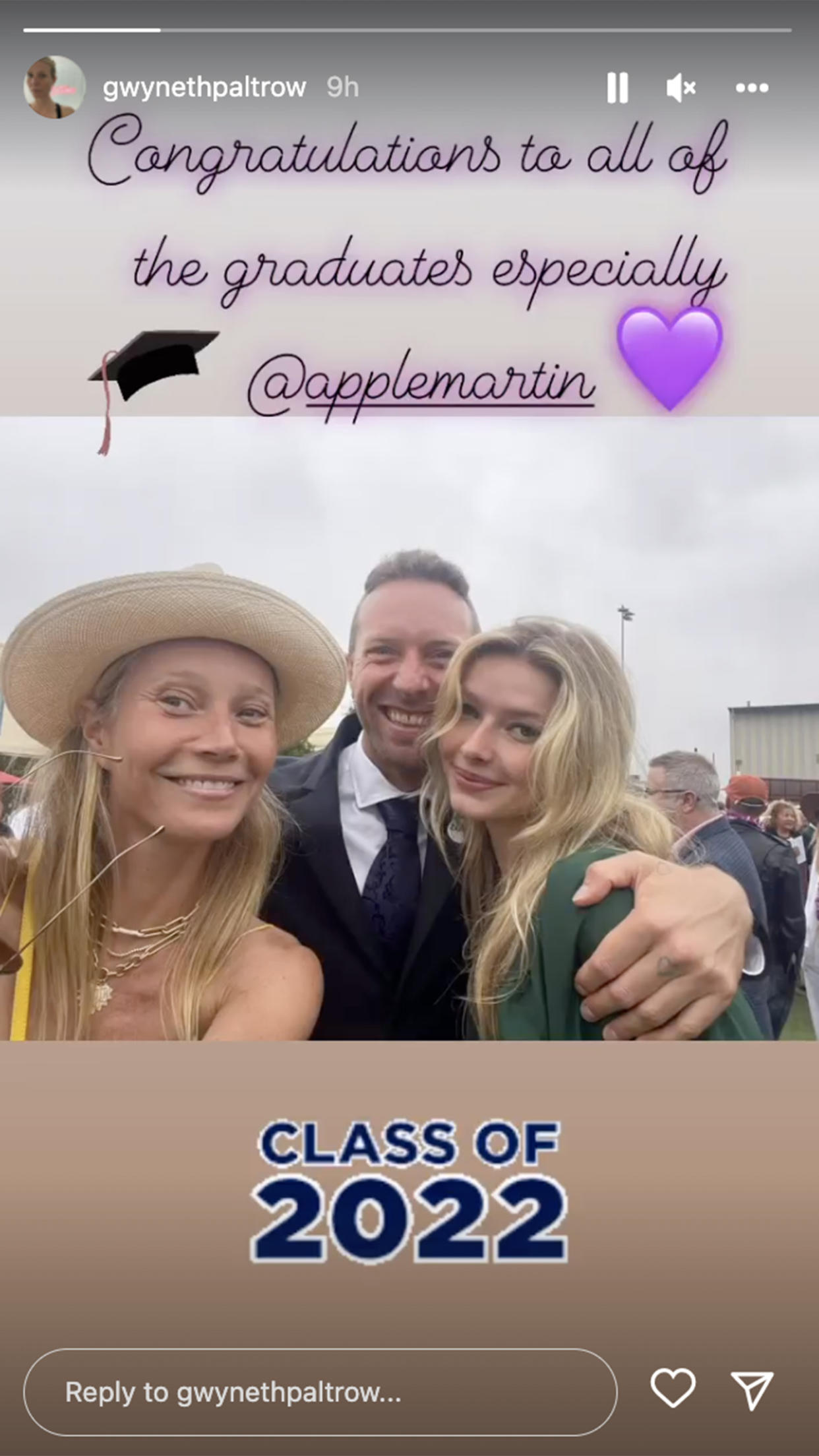 Paltrow and Martin are the proud parents of a high school graduate, daughter apple. (gwynethpaltrow/ Instagram)