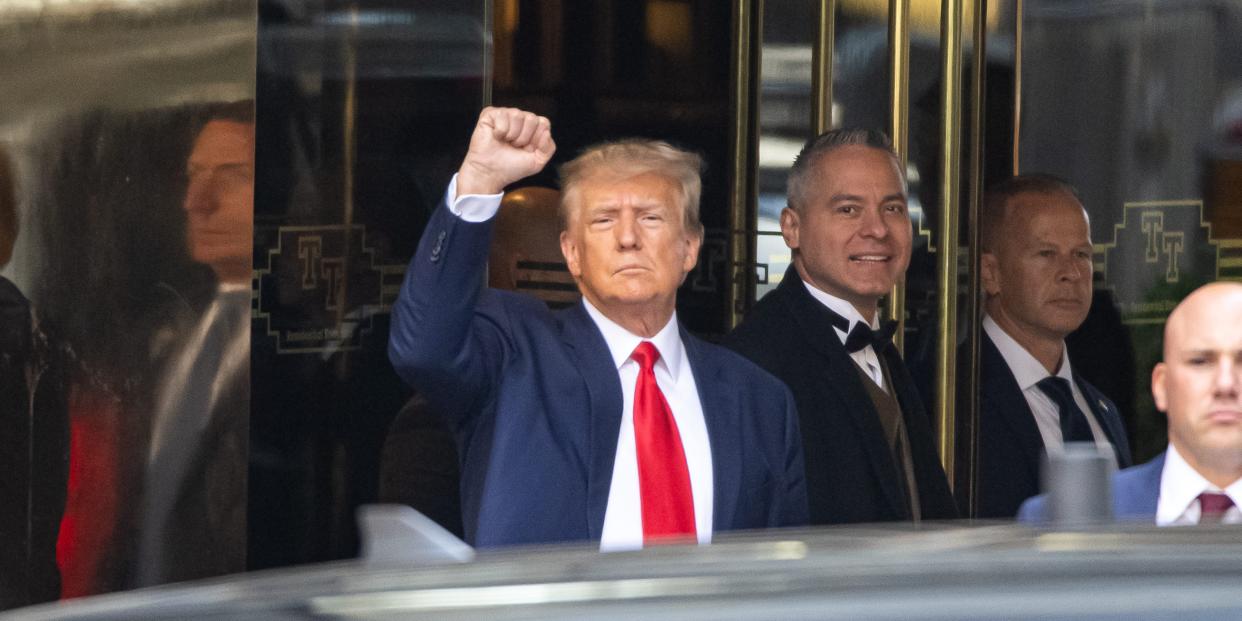 ormer US President Donald Trump exits Trump Tower to attend court for his arraignment