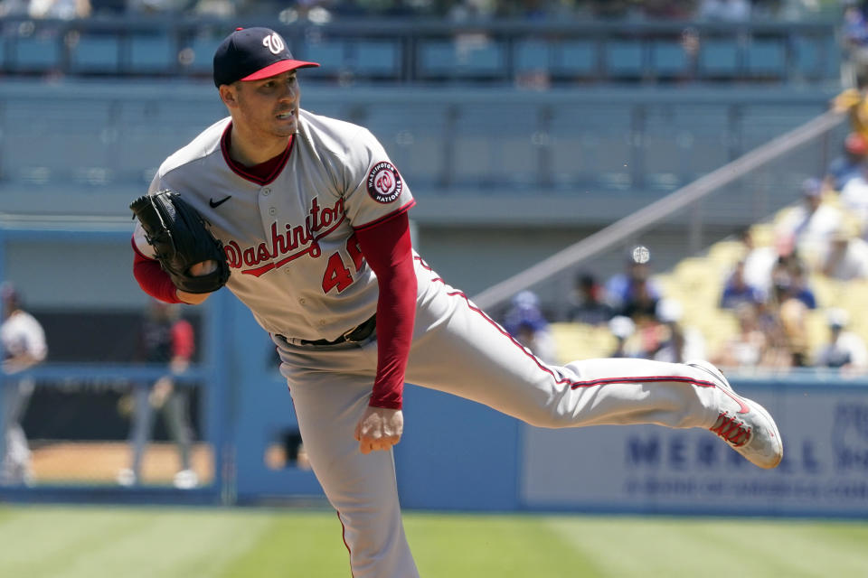 Washington Nationals starting pitcher Patrick Corbin throws to a Los Angeles Dodgers batter during the first inning of a baseball game Wednesday, July 27, 2022, in Los Angeles. (AP Photo/Marcio Jose Sanchez)