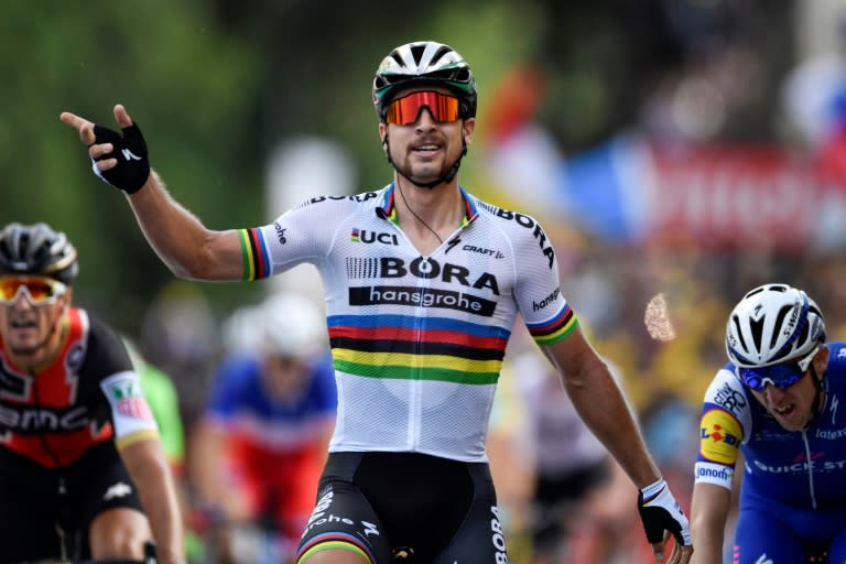 Slovakia's Peter Sagan celebrates as he crosses the finish line at the end of the 3rd stage of the 104th edition of the Tour de France cycling race, in Longwy, on July 3, 2017