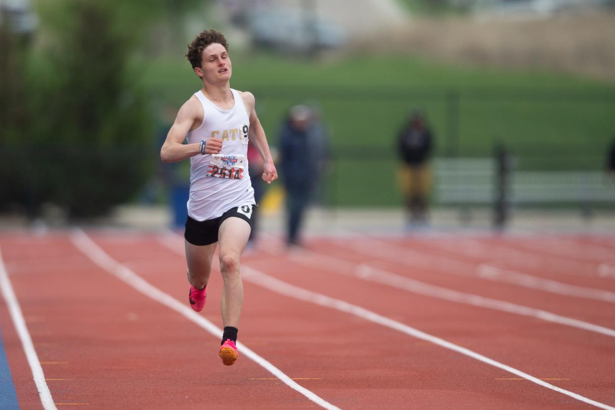 Hayden's Jensen Schrickel races to the finish in the boys 400 meter in the Kansas Relays at Rock Chalk Park Saturday.