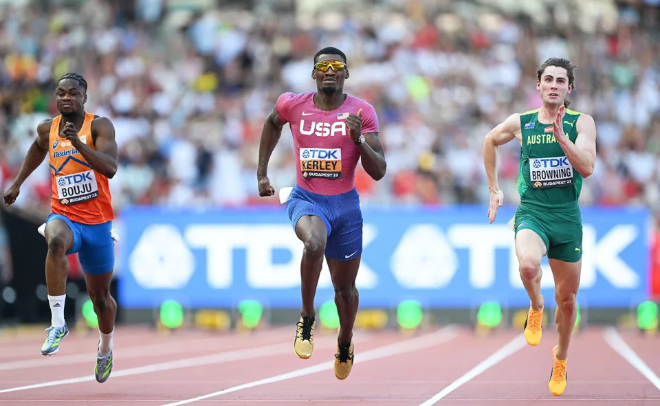 Rohan Browning in the 100m semi-finals at the athletics world championships.