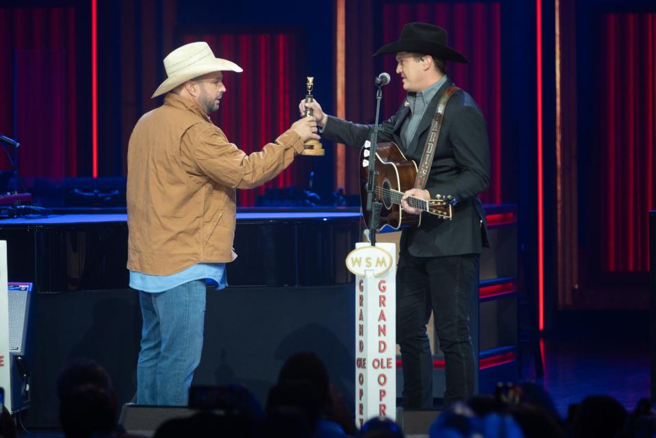 Garth Brooks inducts Jon Pardi as latest Grand Ole Opry member on Oct. 24.