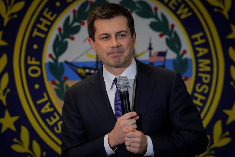 Pete Buttigieg, Democratic presidential candidate and former South Bend, Indiana mayor speaks during s campaign event in Laconia, New Hampshire