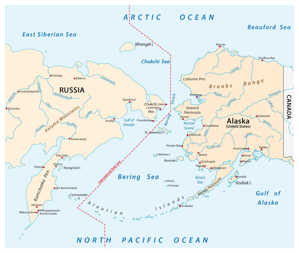 This map of the Bering Strait between Russia and Alaska shows the Kamchatka peninsula, in Russia's far east. / Credit: Getty/iStockphoto