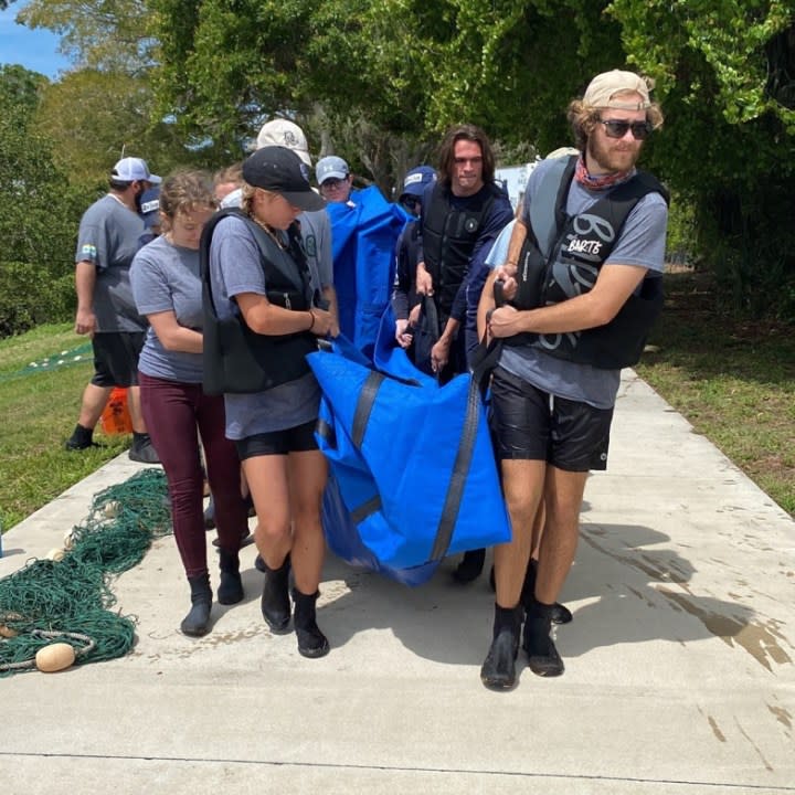 An image of staff and volunteers carrying the stretcher with the rescued manatee inside. Credit: FWC