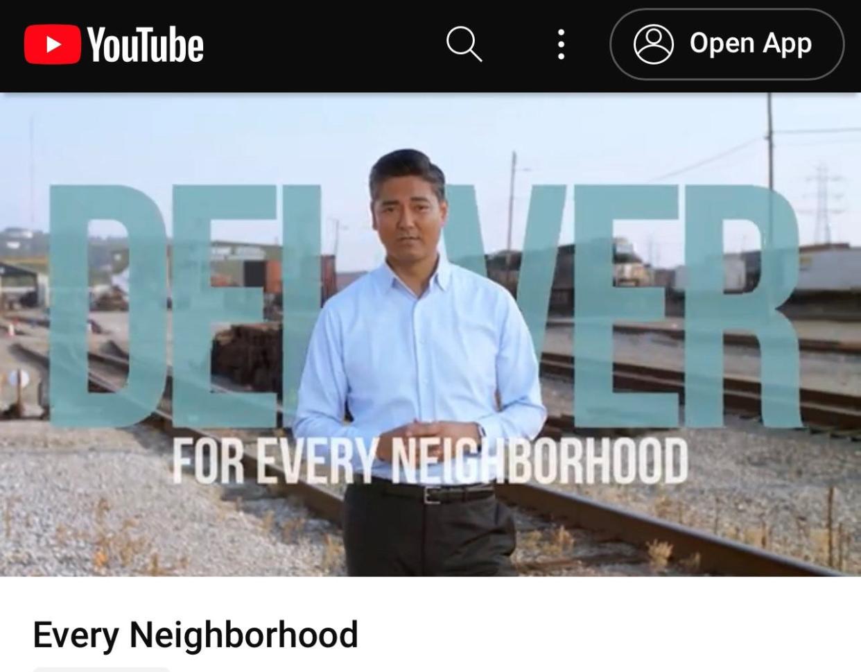 Image from "Every Neighborhood" campaign commercial, which features Cincinnati Mayor Aftab Pureval urging voters to approve the sale of the city-owned Cincinnati Southern Railway on Nov. 7. A citizen filed a complaint with the Ohio Elections Commission questioning the legality of Pureval's role in the commercial.