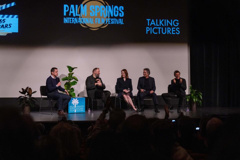 Dave Karger interviews "Poor Things" director Yorgos Lanthimos and actors Emma Stone, Mark Ruffalo and Willem Dafoe at a Talking Pictures event during the Palm Springs International Film Festival on Friday, Jan. 5, 2024, at the Annenberg Theater in Palm Springs, Calif.