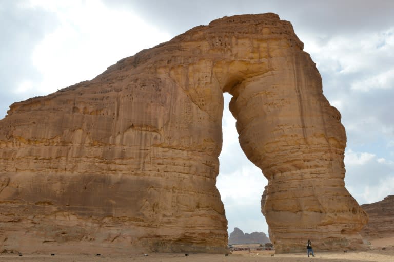 A tourist looks at a formation known as "Elephant rock"