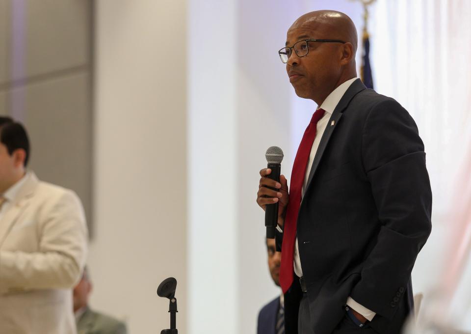 Former Deputy Chief Milo Thornton speaks during the 2024 Indian River County Sheriff debate, Monday, June 17, 2024, at the Indian River Charter High School’s auditorium. At least 500 people attended the standing room only political debate. Incumbent Eric Flowers, Fellsmere Police Chief Keith Touchberry, former Deputy Chief Milo Thornton of the sheriff’s office and write-in candidate Deborah Cooney were the candidates involved in the debate.