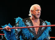 <p>Ric Flair looks on while awaiting the entrance of Hulk Hogan during the Hulkamania Tour at the Burswood Dome on November 24, 2009 in Perth, Australia. (Photo by Paul Kane/Getty Images) </p>