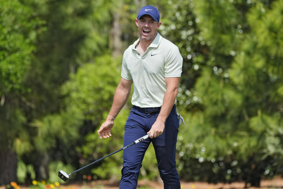 Rory McIlroy, of Northern Ireland, reacts on the second green during the final round of The Players Championship golf tournament Sunday, March 17, 2024, in Ponte Vedra Beach, Fla. (AP Photo/Marta Lavandier)