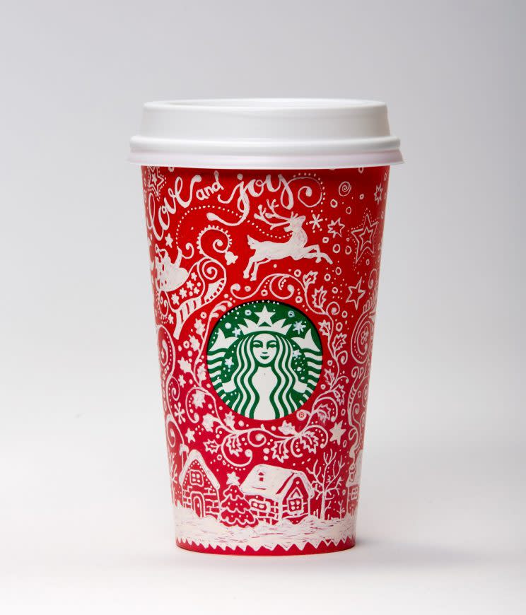 Starbucks’ holiday cups are a little more red and white than usual