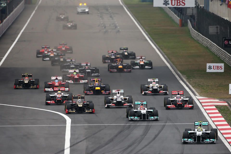 SHANGHAI, CHINA - APRIL 15: Nico Rosberg of Germany and Mercedes GP leads the field at the start of the Chinese Formula One Grand Prix at the Shanghai International Circuit on April 15, 2012 in Shanghai, China. (Photo by Clive Mason/Getty Images)