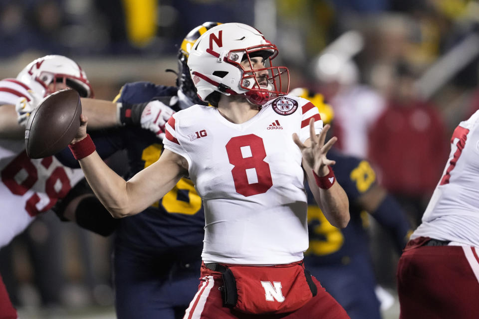 Nebraska quarterback Logan Smothers (8) throws against Michigan in the second half of an NCAA college football game in Ann Arbor, Mich., Saturday, Nov. 12, 2022. (AP Photo/Paul Sancya)
