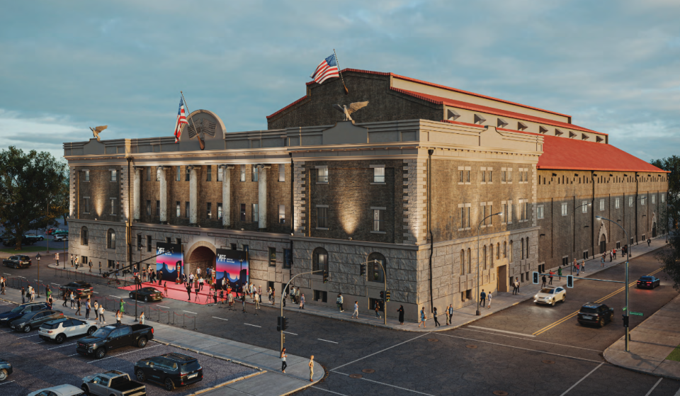 A rendering of a restored Louisville Gardens, redeveloped as a studio for film, music and digital productions. The proposal calls for restoring the facade of the historic building back to the original design of the old Louisville Armory.