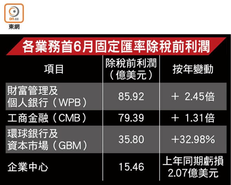 各業務首6月固定匯率除稅前利潤