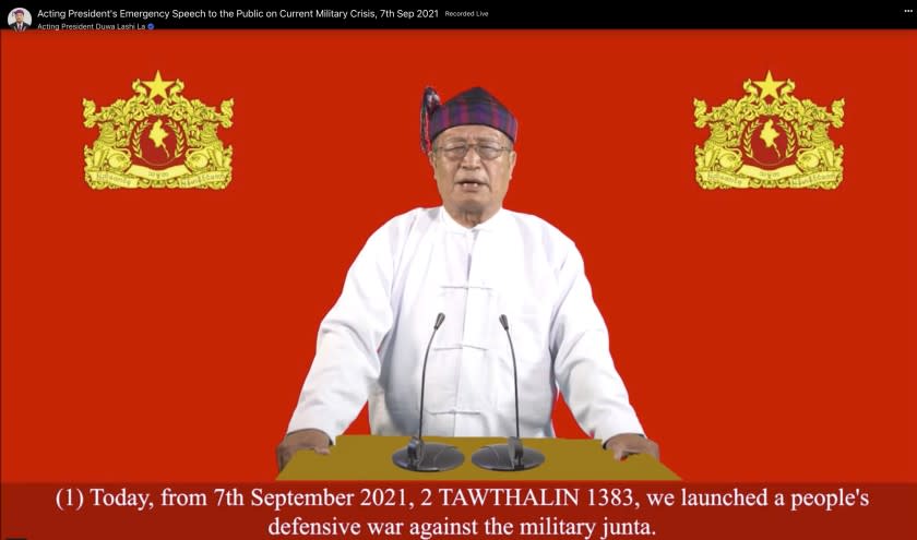 This image made from video by National Unity Government (NUG) via Facebook, shows Duwa Lashi La, the acting president of the National Unity Government (NUG), posted on Tuesday, Sept. 7, 2021 in Myanmar. Myanmar's NUG, an underground body coordinating resistance to the military regime, on Tuesday called for a nationwide uprising. The shadow government's acting president Duwa Lashi La called for revolt "in every village, town and city in the entire country at the same time" against the military-installed government and declared a so-called "state of emergency." (National Unity Government via Facebook via AP)