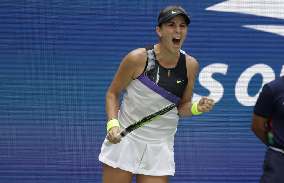 Belinda Bencic, of Switzerland, pumps her fist after winning a point against Donna Vekic, of Croatia, during the quarterfinals of the U.S. Open tennis championships Wednesday, Sept. 4, 2019, in New York. (AP Photo/Frank Franklin II)