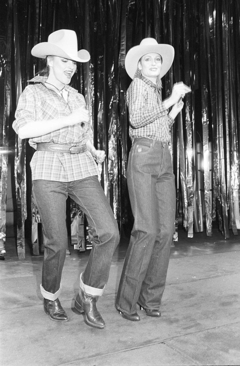 Models wear denim by Gloria Vanderbilt at a show in 1978..Article title: 'Gloria Vanderbilt: Making (air) waves