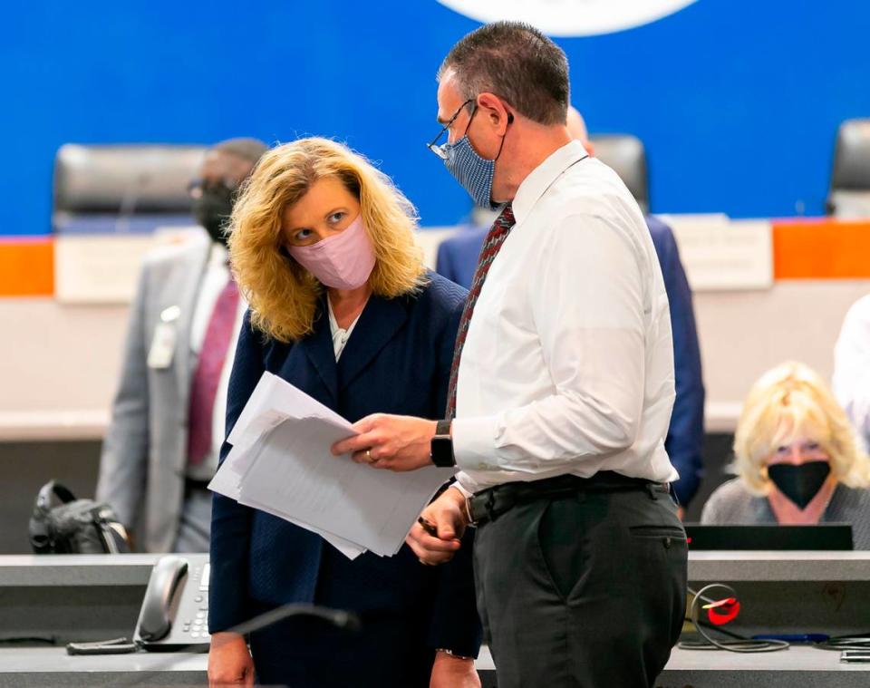 Broward County Public Schools Interim Superintendent Vickie Cartwright, left, attends a School Board meeting at the Kathleen C. Wright Administration Building in Fort Lauderdale, Florida, on Wednesday, July 28, 2021. The meeting discussed COVID-19 safety precautions and potential mask mandates for the upcoming school year.