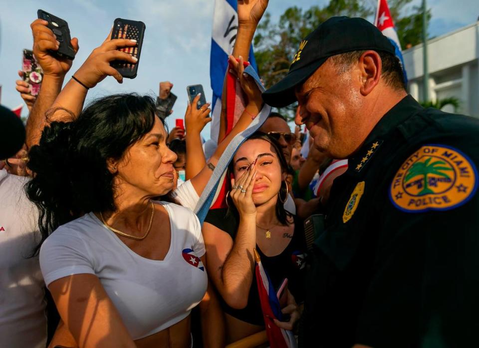 City of Miami Police Chief Art Acevedo talks with protesters during a rally on Calle Ocho near Versailles Restaurant in Miami’s Little Havana neighborhood on July 14, 2021. The rally was held in solidarity with the protests happening in Cuba.