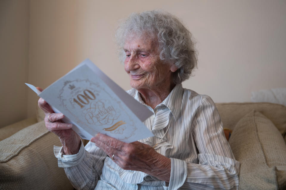 Great-great grandmother Doris Cleife reads birthday cards in her flat at Housing 21's Brunel Court in Portsmouth as she prepares to turn 100 years old on 29th February, though it is only the 25th time Doris has been able to celebrate her birthday due to being born during a leap year.