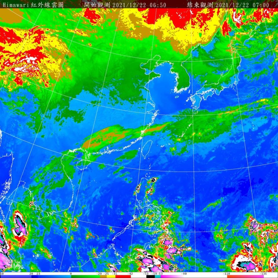  今（２２）日南方雲系北移影響，臺灣北部及東北部地區有短暫雨 。（氣象局提供）
