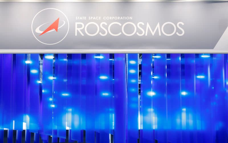 FILE PHOTO: The logo of Russian Federal Space Agency Roscosmos is pictured at the ILA Berlin Air Show in Schoenefeld