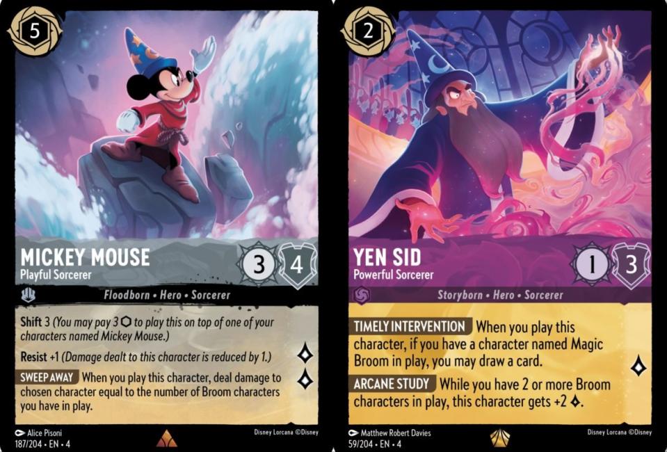 Side by side collage of Sorcerer's Apprentice Mickey and Yen Sid cards from Disney Lorcana: Ursula's Return