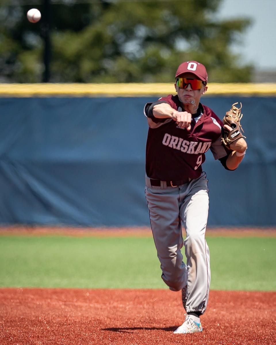 Oriskany's Jack Tamburino throws the ball over to first base during the finals of the 2023 Section III Class D Baseball Tournament at Onondaga Community College on Monday, May 29, 2023.