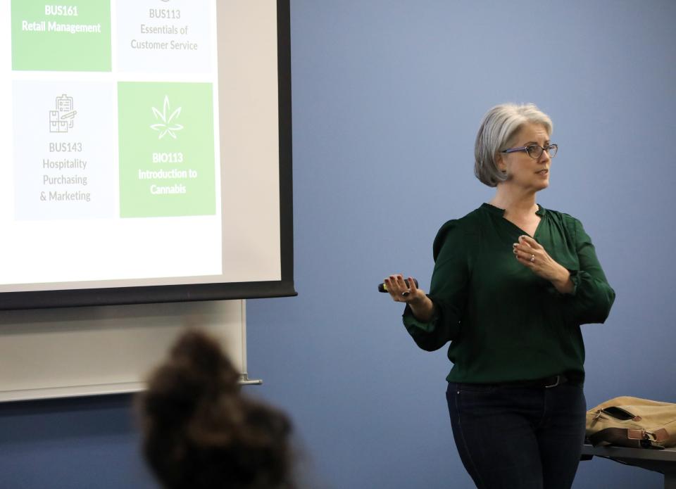 Maureen Gittelman, DCC chairperson for hospitality & tourism management speaks during an information session for the college's cannabis management program in Fishkill on January 10, 2024.