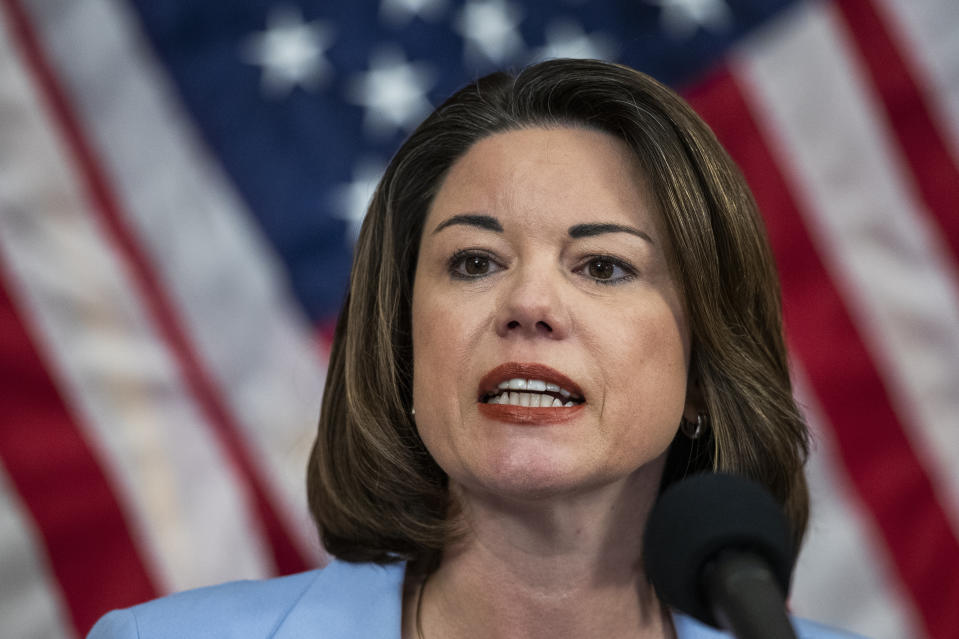 FILE - Rep. Angie Craig, D-Minn., speaks during news conference on Capitol Hill on June 24, 2020, in Washington. Craig and GOP challenger Tyler Kistner met for their only full debate of the campaign at Dakota County Technical College in Rosemount, sponsored by the Dakota County Regional Chamber of Commerce. Their race in the swing suburban 2nd District is considered the GOP's best chance to flip a congressional seat in Minnesota. (AP Photo/Manuel Balce Ceneta, File)