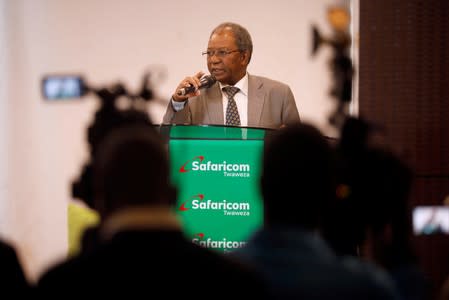 Safaricom chairman Nicholas Ng'ang'a speaks during a press conference following the death of Bob Collymore, Safaricom's chief executive at the company's headquarters in Nairobi