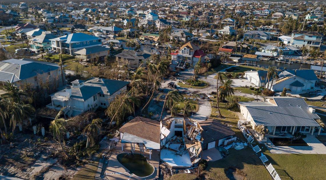 An aerial view of hurricane damage on the southern tip of St. James City on Friday, Sept. 30, 2022, in Pine Island, Florida. Hurricane Ian made landfall on the coast of Southwest Florida as a Category 4 storm Wednesday afternoon, leaving areas affected with flooded streets, downed trees and scattered debris.