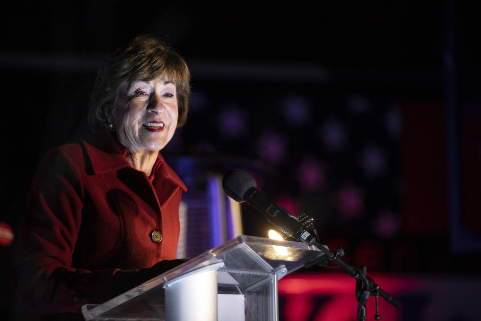 Sen. Susan Collins speaks to supporters at an election night event outside of the Hilton Garden Inn on Tuesday, November 3, 2020. (Brianna Soukup/Portland Press Herald via Getty Images)